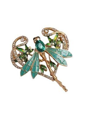 Art Nouveau. Style Dragonfly Brooch Green Crystals & Enamel Gold Tone